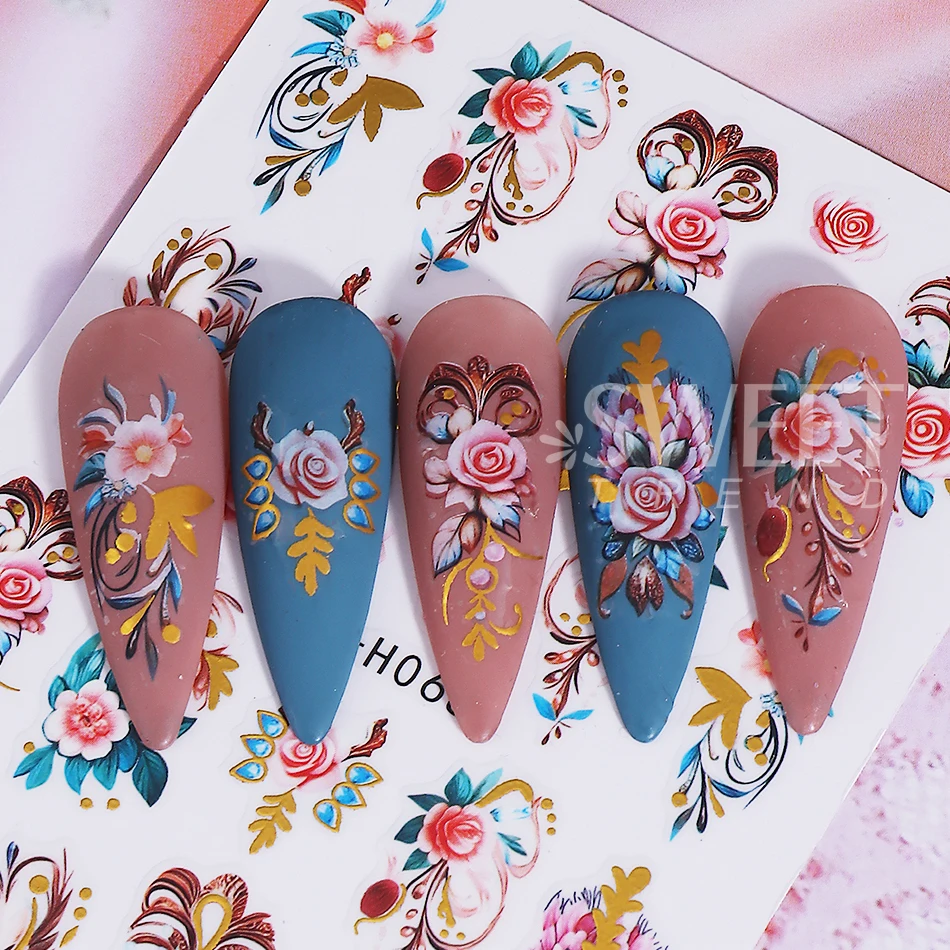 3pcs Elegant Flower Nail Stickers 3D Bronzing Rose Petals Vine Leaf Design Adhesive Nail Decals Sliders DIY Manicure Decoration