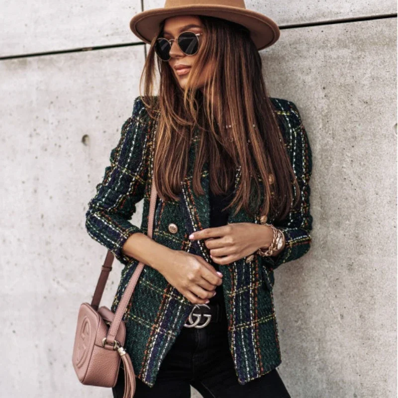 

Vintage Tweed Plaid Women's Trench Autumn/Winter Jacket Fashion Snowsuit New Stripes Female Clothing Long Sleeve Loose Coats