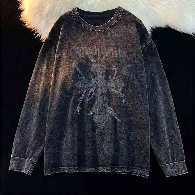 Autumn New Fashion Mens Oversized 100% Cotton Vintage Long Sleeve T Shirts Harajuku Cross Print O Collared Tee Shirts Camiseta