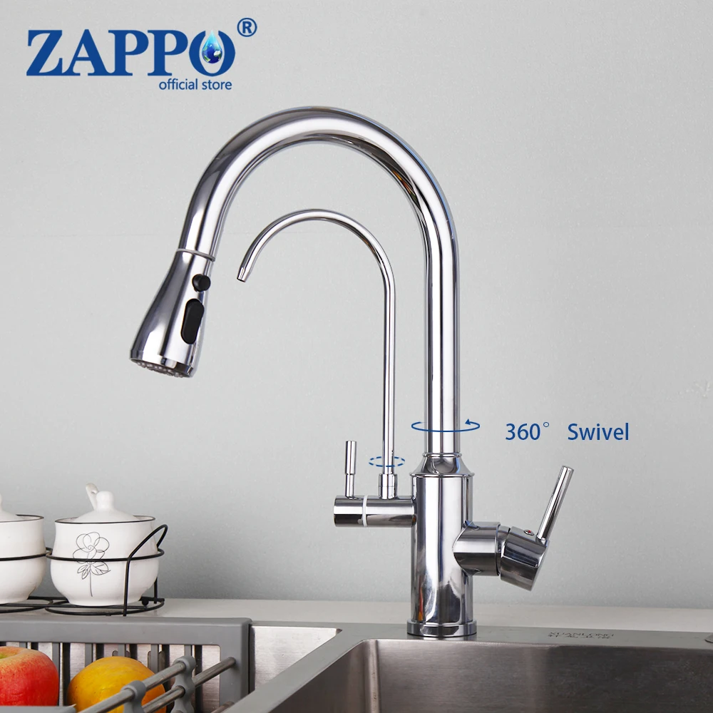 Zappo Solid Brass Pure Water Kitchen Faucet Dual Handle Hot and Cold Drinking Water Pull Out Kitchen Mixer Taps Deck Mounted