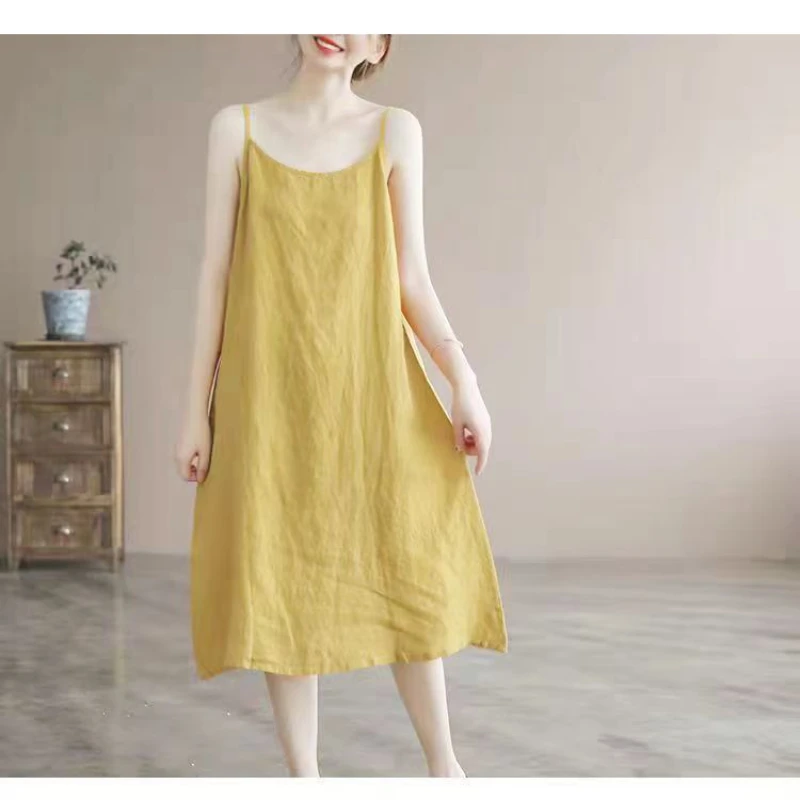 

Summer Slip Backless Loose Dress Woman 2023 White Linen Long Skirts Korean Style Boho Sexy Fashion Ladies Dress
