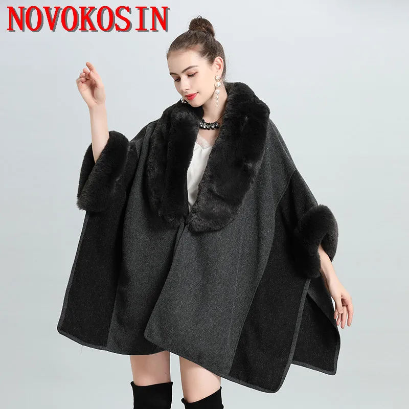 7 Colors Block 2022 Winter Warm Fashion Poncho Capes Plush Thicken Coat Women Faux Cashmere Fur Neck Out Streetwear Loose Cloak