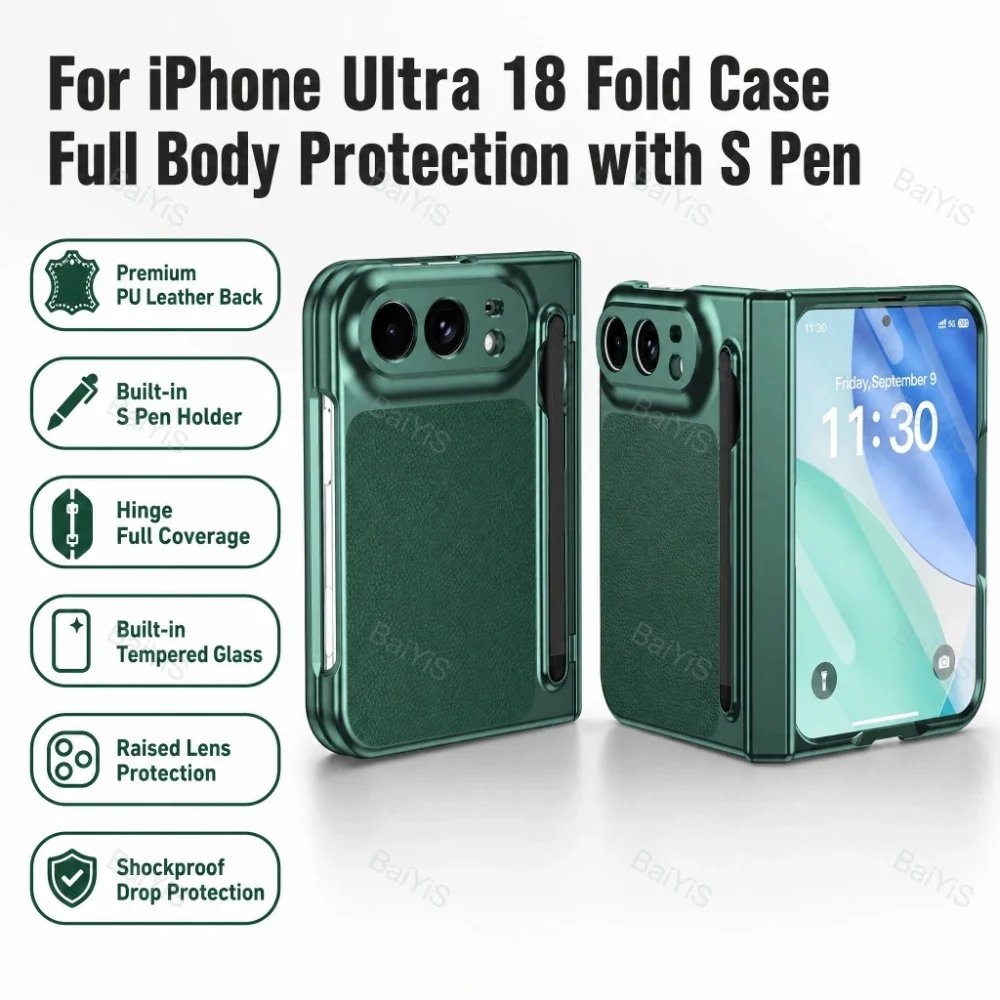 Leather Phone Case with Hinge Protection & Built-in Screen Protector