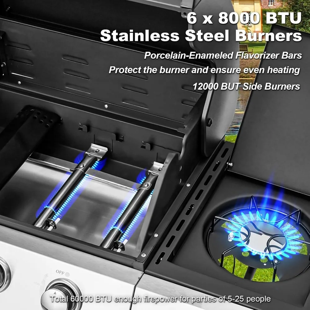 Upgraded 6 Burner Propane Gas Grill with Cast Iron Grates & Side Stove, 60,000 BTU Stainless Steel, BBQ Grills 5