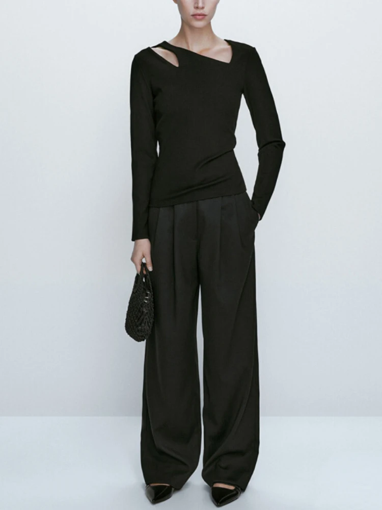 

Women's Spring Summer New High-quality Solid Color Casual Asymmetric Neckline Long-sleeved Slim Ribbed Hollow T-shirt