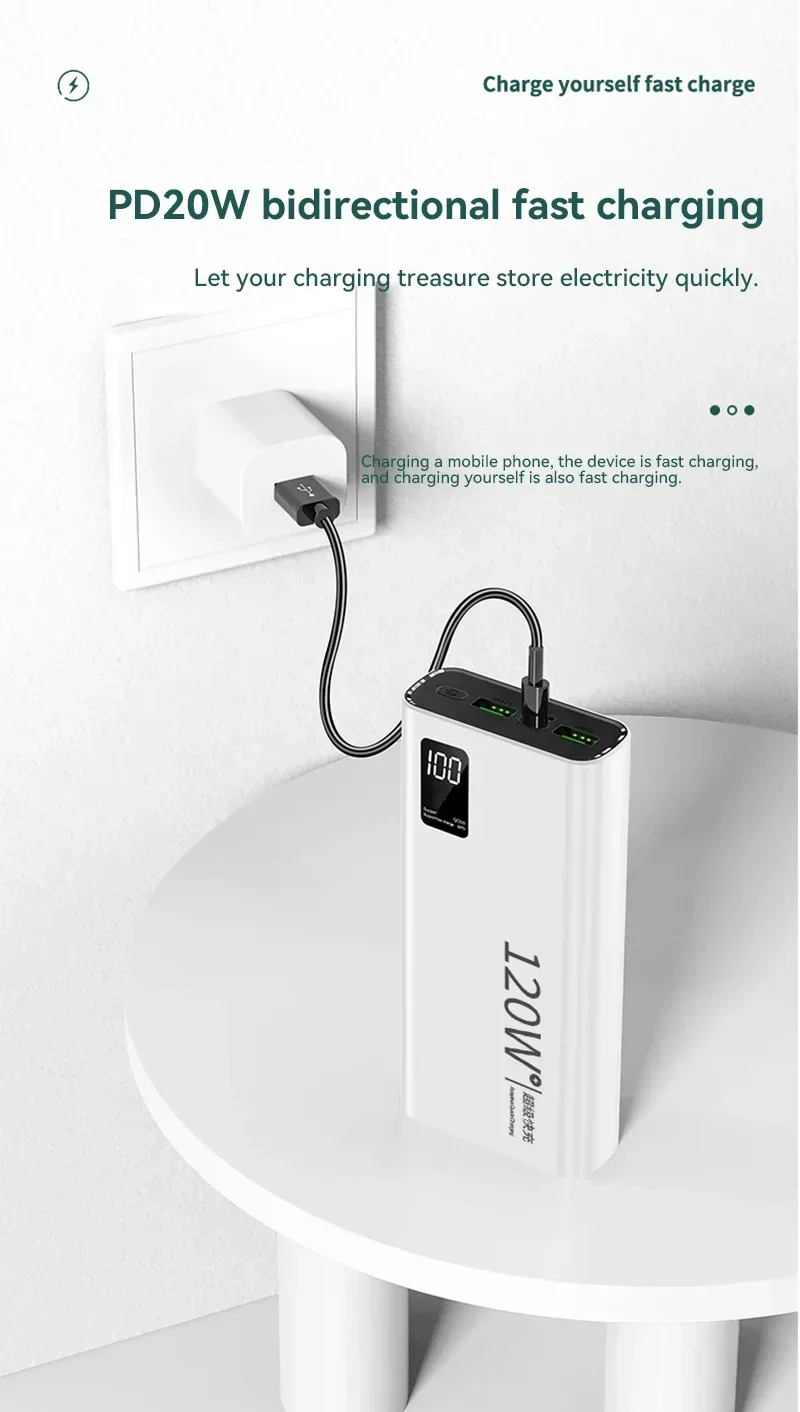 120W Power Bank 200000mAh High Capacity Fast Charging Portable Battery Charger F