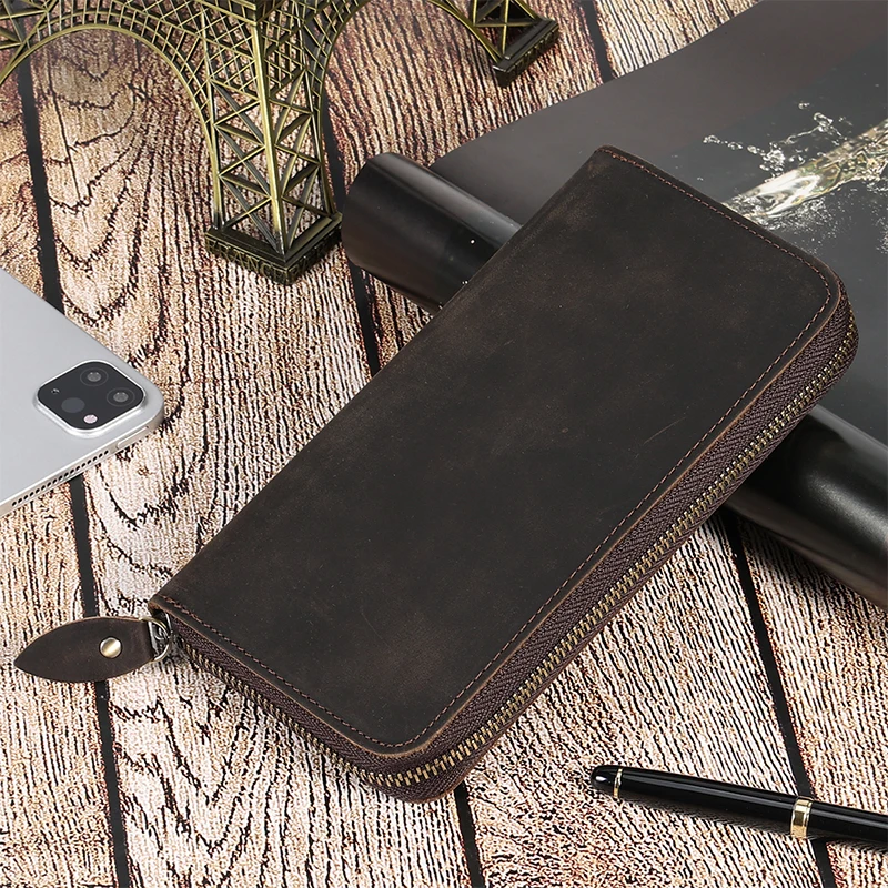 

Crazy Horse Genuine Leather Men Wallet Vintage Cow Leather Wallet for Male Clutch Bag Multi-Pocket RFID Blocking Purse Money Bag