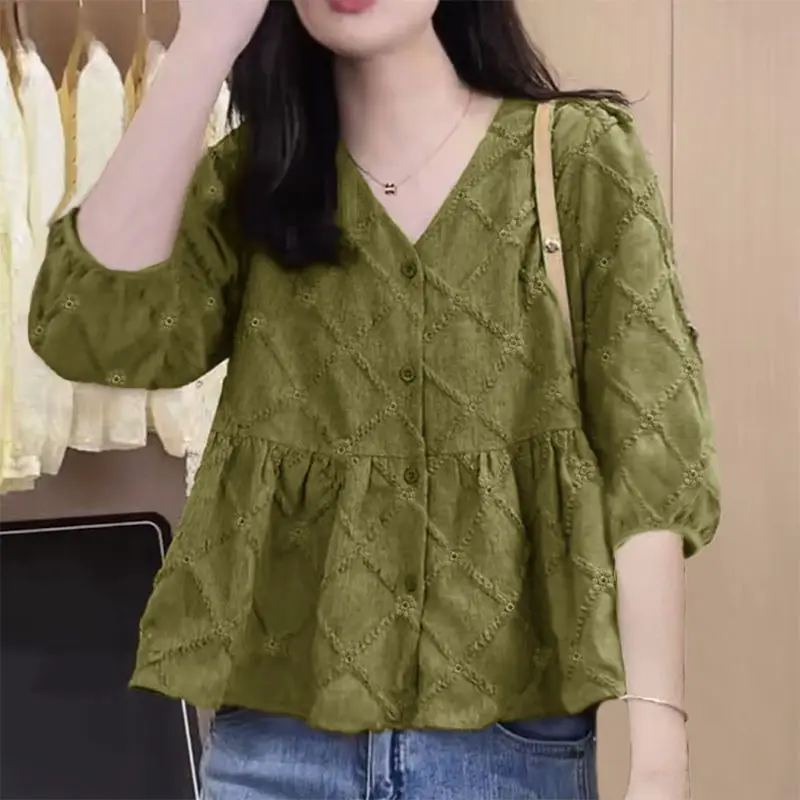 2024 Spring and Autumn Commuting Minimalist Fashion Loose Three Quarter Blouses Solid V-neck Shirring Button Women's Shirt Top