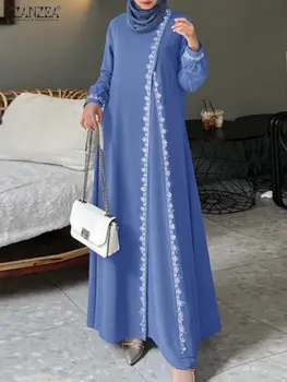 ZANZEA Autumn Women Long Sleeve O Neck Muslim Maxi Dress Kaftan Elegant Lace Crochet Loose Turkey Abaya Vestidos Islamic Dresses