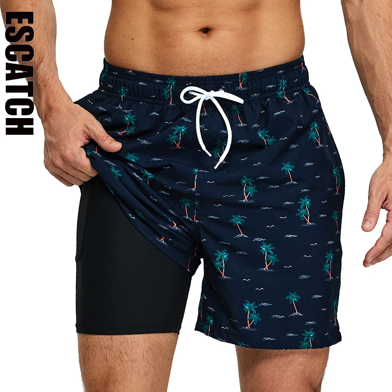 ESCATCH Summer 2026 New Mens Shorts Breathable Long Lining Gym Maillot De Bain Homme Quickly Dry Zipper Pocket Beach Shorts