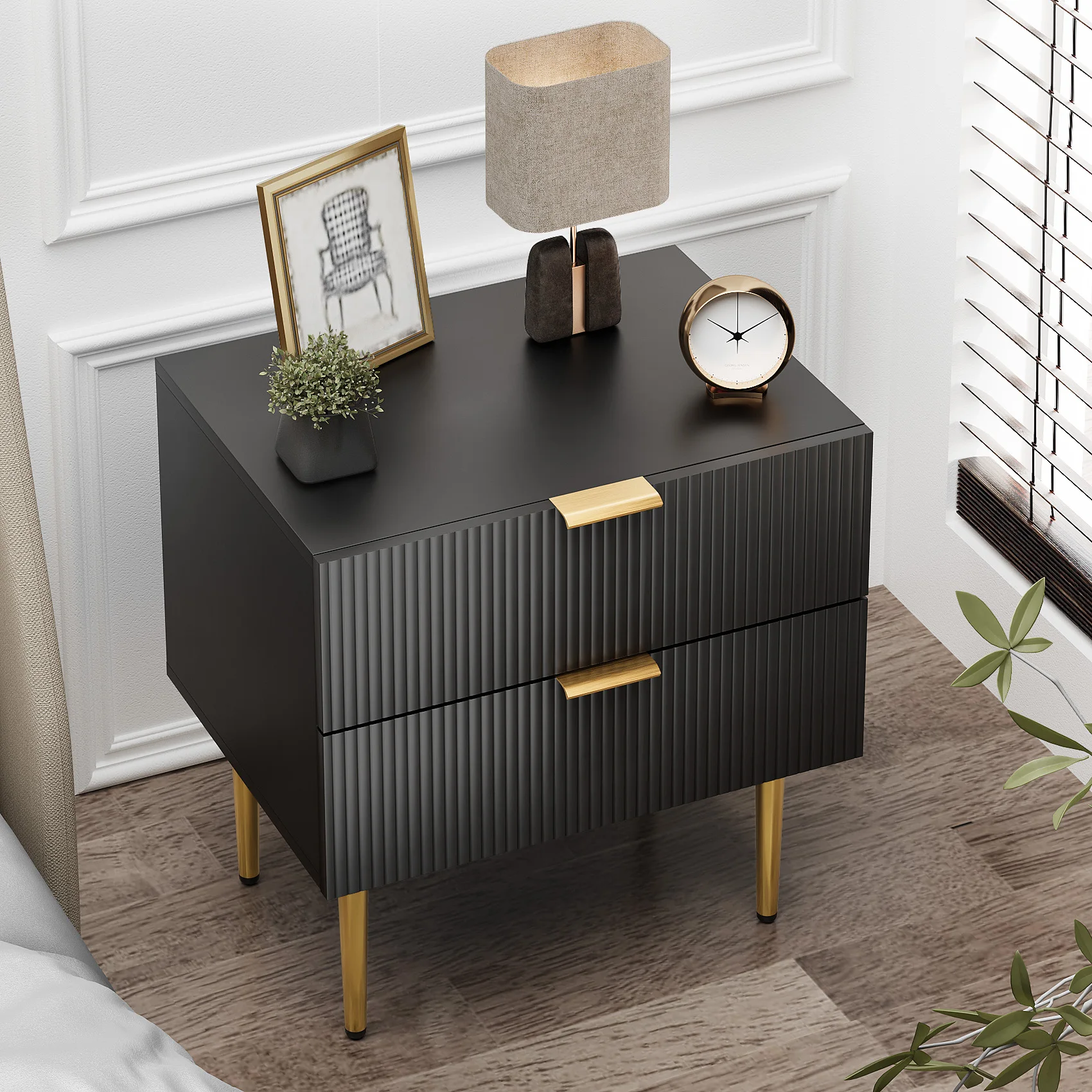 Eleganter Nachttisch mit schwarzem Wellenmuster und 2 Schubladen, Nachttisch mit Metallbeinen, 1-teiliger Schlafzimmer-Nachttisch – Detail 5