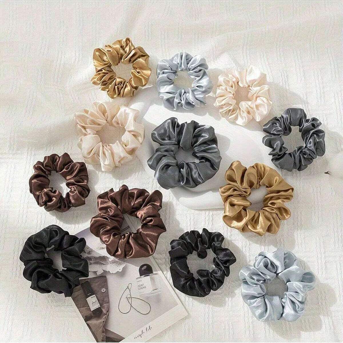 12 stücke Neue Satin Stoff Wurst Schleife Haar Ringe Set Einfarbig Stoff Schleife Haar Seil – Detail 8