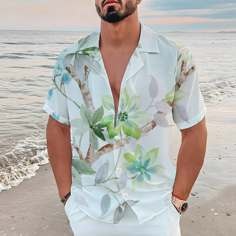 Men's Hawaiian Shirt Casual Short Sleeve Shirt Summer Beach Vacation Style Fashion Floral Leaf Print Vintage Tops Men's Clothing