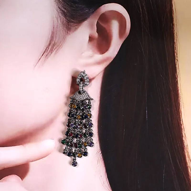 Bilincolor Heavy Industry Micro Inlaid Dot Zircon Tassel Earrings For Gift