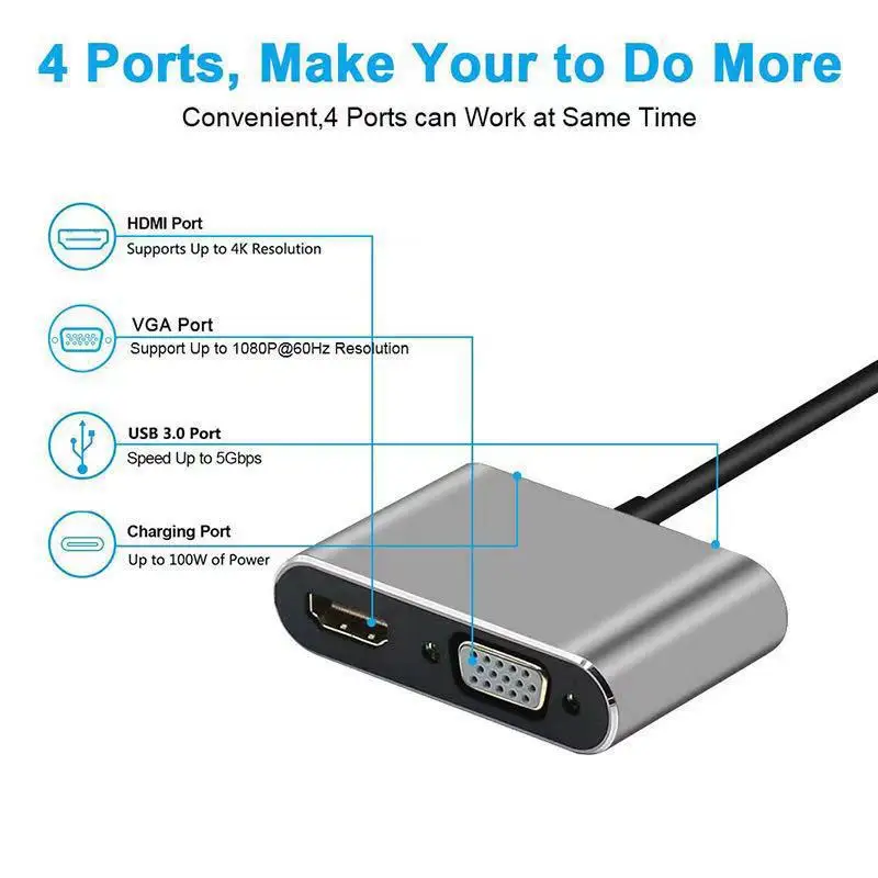 4 in 1 USB C 허브 어댑터 타입 C to HDTV VGA HDMI USB 3.0 디지털 AV 멀티포트 어댑터 (타입 C PD 충전 포트 호환)