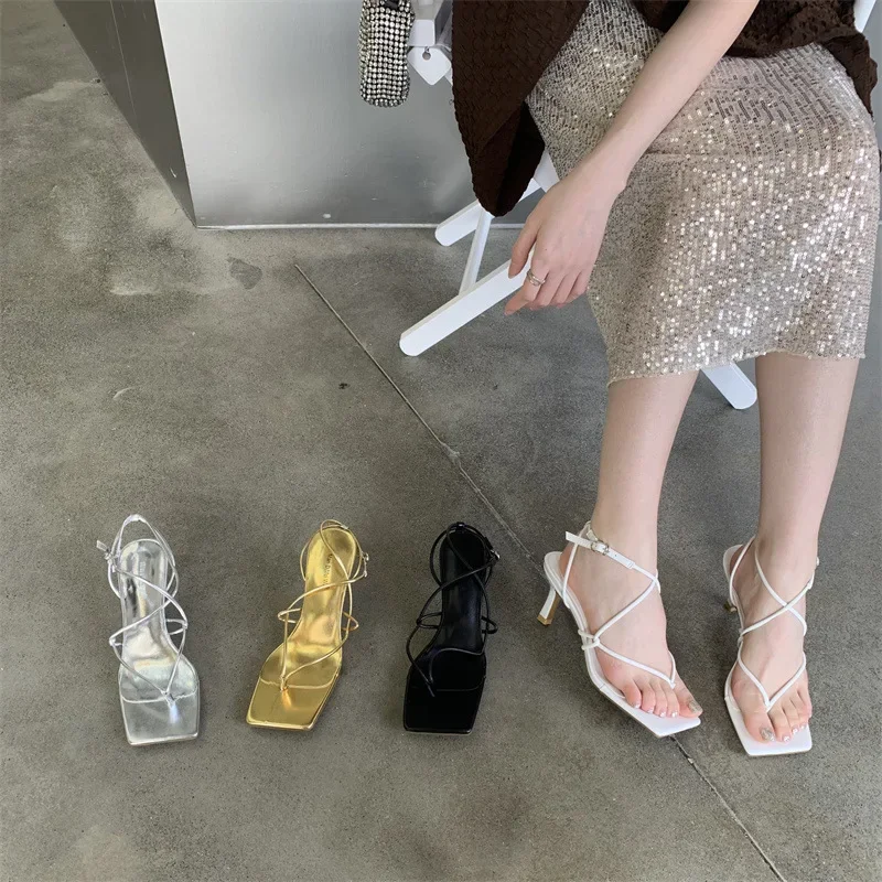 

Summer Sandals Slim Strap Open Toe Square Toe Simple Pinch Toe Slim Heels