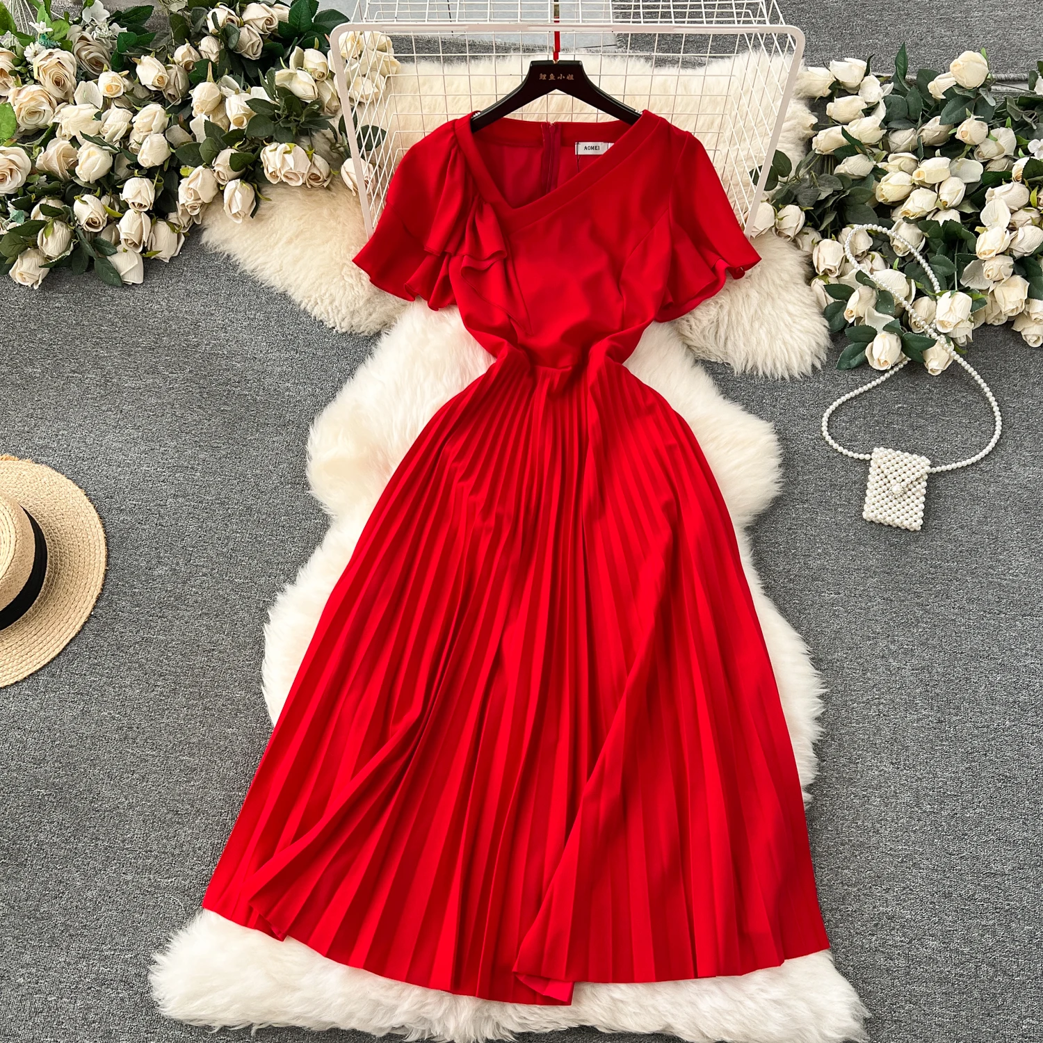 

Dress for Women Diagonal Collar Flounced Edge Flying Sleeve Vestidos Womens Solid Color A-line Pleated Dresses Summer Dropship