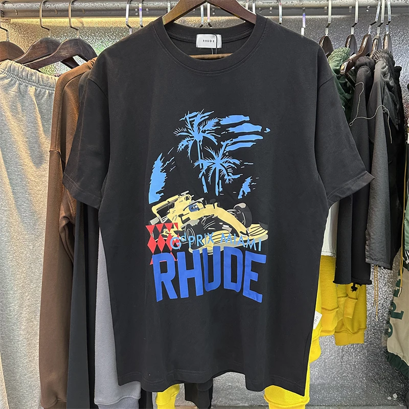 

Rhude T-Shirts Men Women Casual Couple Tees Racing Print T Shirt Short Sleeve With Tags