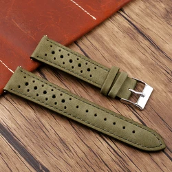 Vintage Handmade Leather Watchband - Black & Brown Breathable Strap - 24mm (Green)