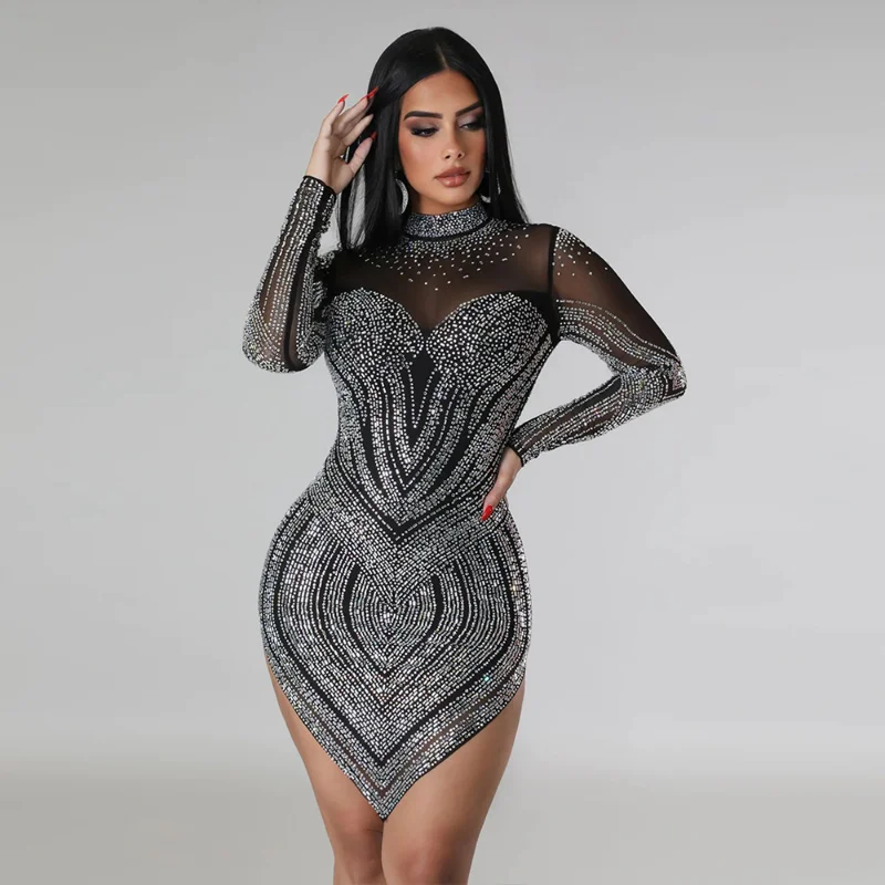 

KEXU Sexy Mesh See Though Long Sleeve Turtleneck Diamonds Women Dress Rhinestone Bodycon Asymmetrical V-hem Party Evening Dress