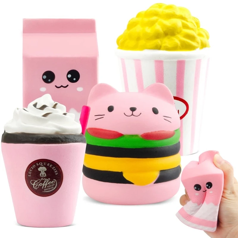 

4Pcs/Set Adults Children Fun Antistress Squishy Toy Cute Cartoon Food Hamburger Popcorns Model Sensory Stress Relief Fidgets Toy