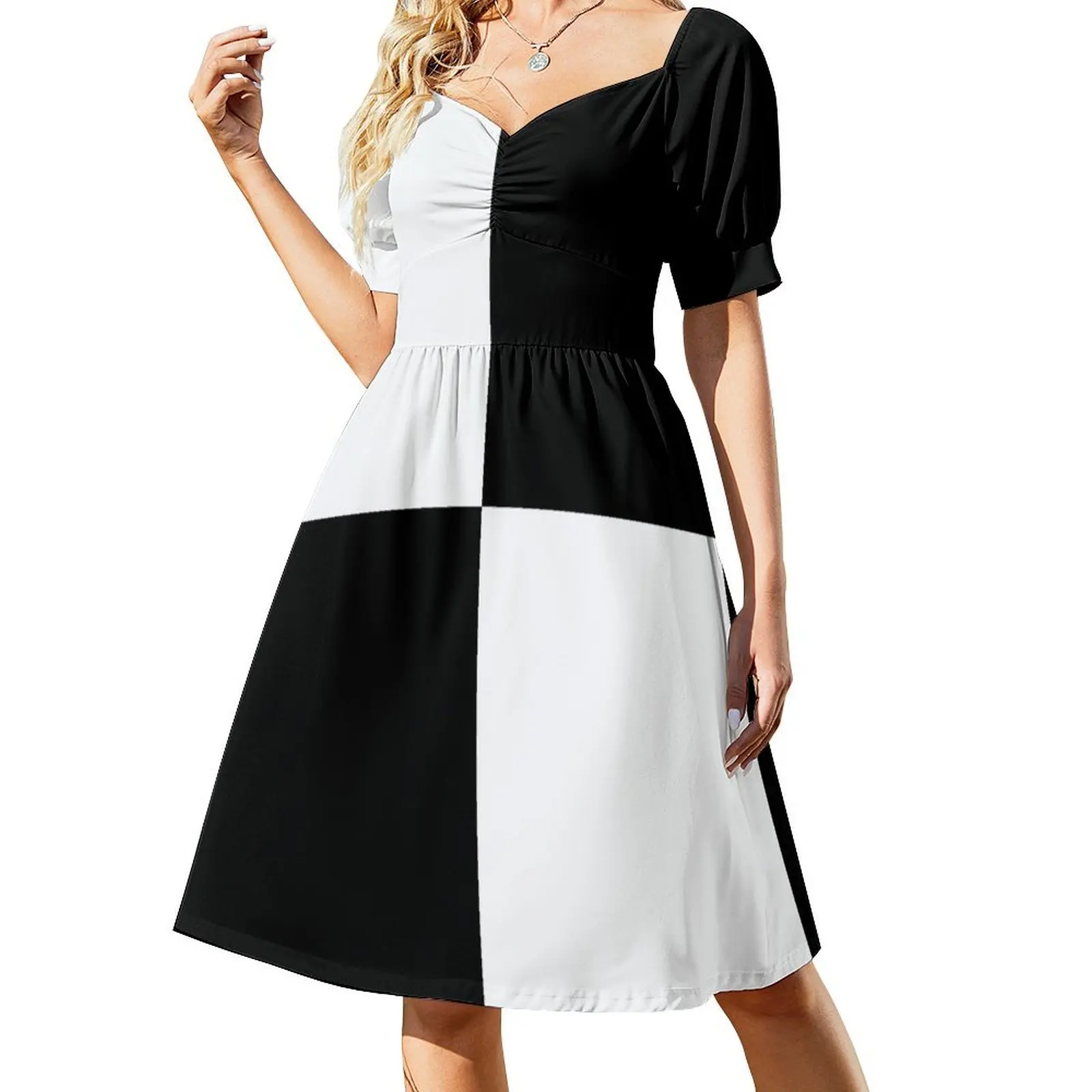 thumbnail image 1 of Vestido de manga corta a cuadros en blanco y negro, vestido de fiesta, vestidos elegantes, tallas grandes, vestidos de mujer, vestido, 1 of 7