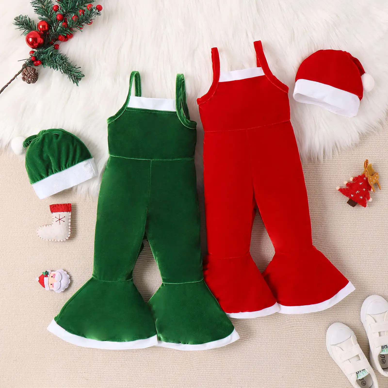 

Toddler Baby Girls Christmas Jumpsuit Sleeveless Straps Romper Flare Pants+Hat Kid Red Green Velvet Xmas Clothes 2Pcs