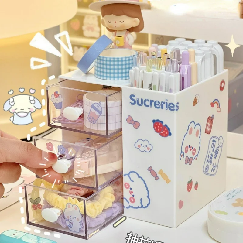 Cute Pen Holder Storage Organizer Boxes with Drawer Cosmetic Rack Kawaii Desk Accessories Girls Office School Desktop Stationery