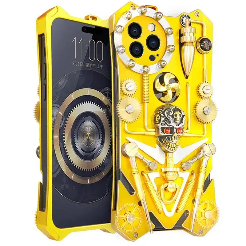 

Hot Metal Steel Machinery Heavy Aluminum Golden Gears Armor Case For Apple iPhone 15 Pro Max 15 Plus Cases Cover Bumper Coque