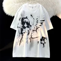 Retro Angel Print Short-sleeved Women T-shirt Summer  Harajuku Casual   Loose Cotton Oversize Women's T-shirts Female Clothing - Image 2