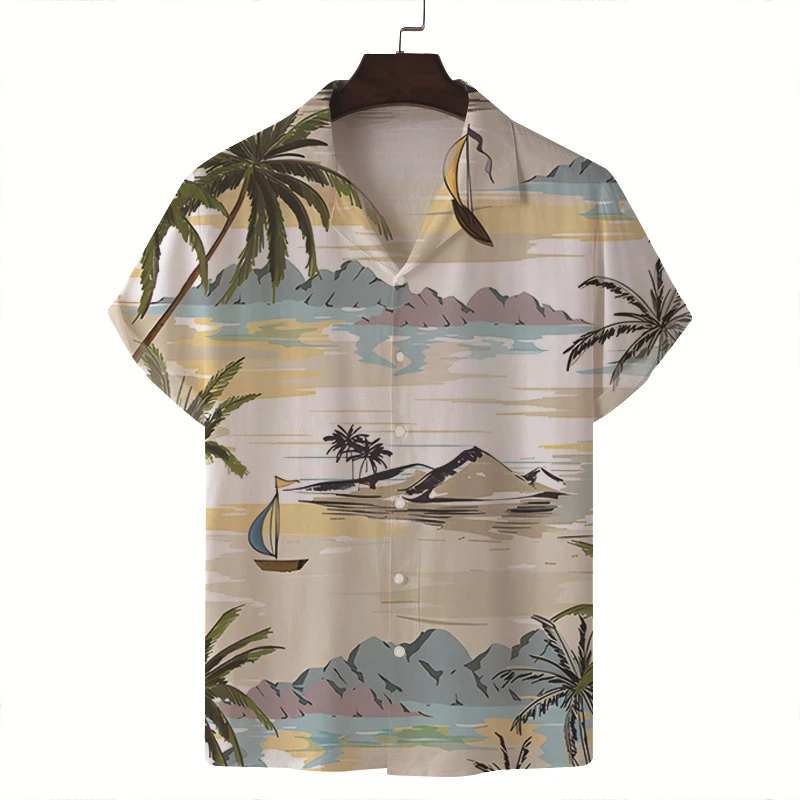 thumbnail image 1 of Camisetas hawaianas con estampado 3D de árboles tropicales, camisetas casuales de manga corta de verano para mujer, ropa 2024, blusas con botones de solapa para uso diario para hombre, 1 of 5