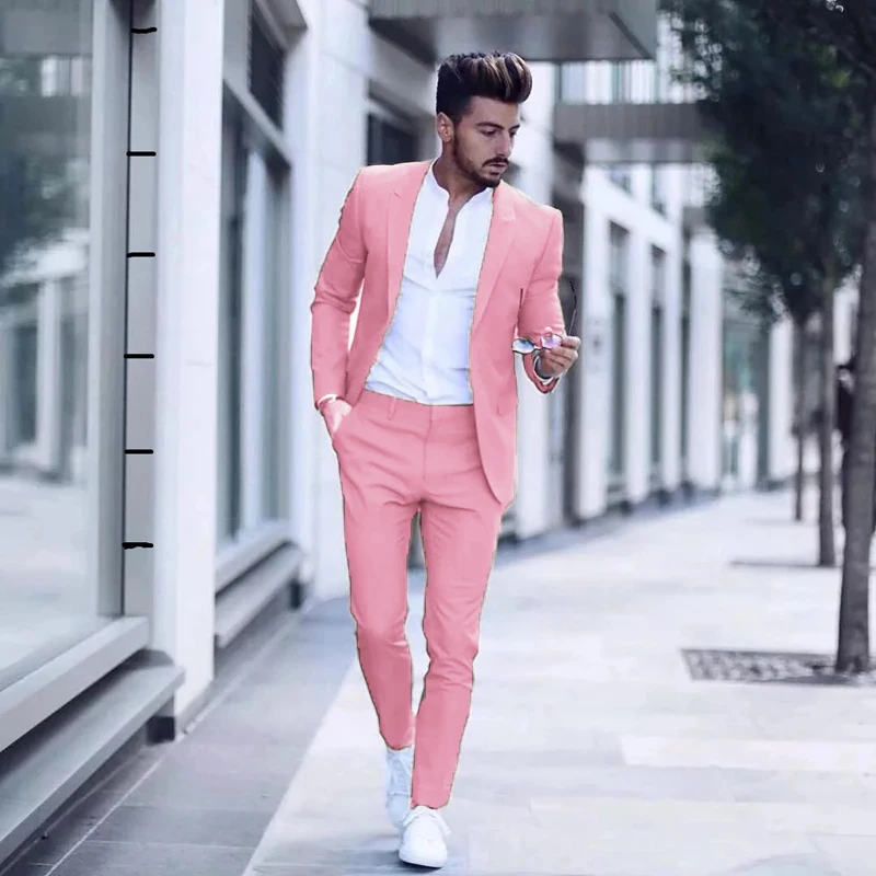 Casual Fashion Luxurious Business Men Suit For Wedding Suits Man Tuxedos Slim Fit Peak Lapel Pink Men Suits