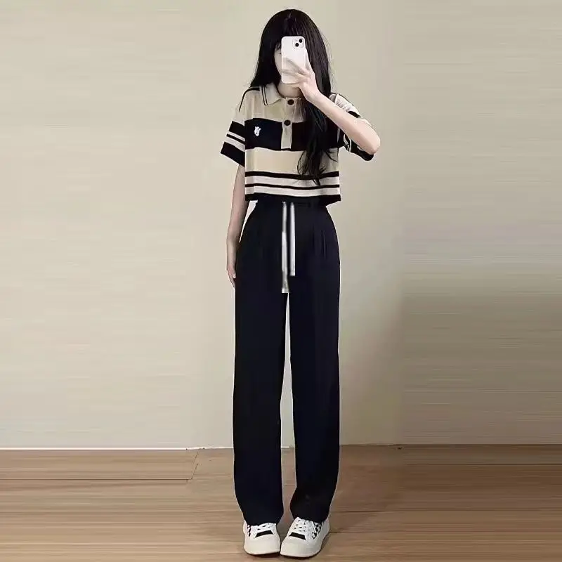 신상 여성 스트라이프 상의와 바지 세트 반팔 니트 티셔츠 + 와이드 레그 팬츠 캐주얼 스트리트웨어 투피스 세트