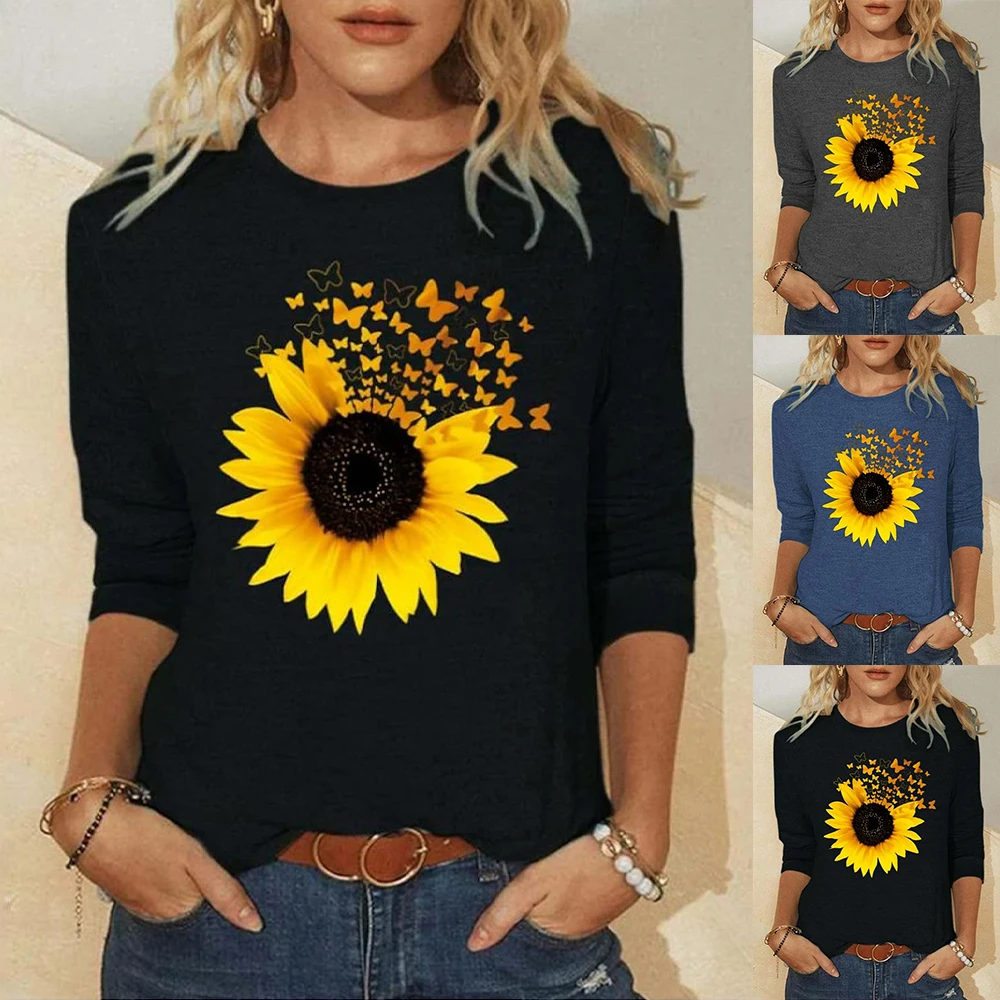 

Autumn Winter Women Everyday Long Sleeve Round Neck Sunflower Print Pullover Retro Slim Tee Elegant Loose Size Tops Tee Shirt