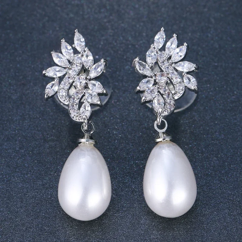 Fashion Imitation Pearl Drop Earrings with Cubic Zirconia for Women Wedding Bridal India Jewelry pearl earrings drop earrings