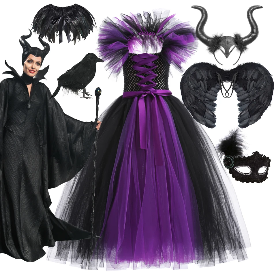 Disfraz de Halloween de maléfica para niñas, vestido de lujo para