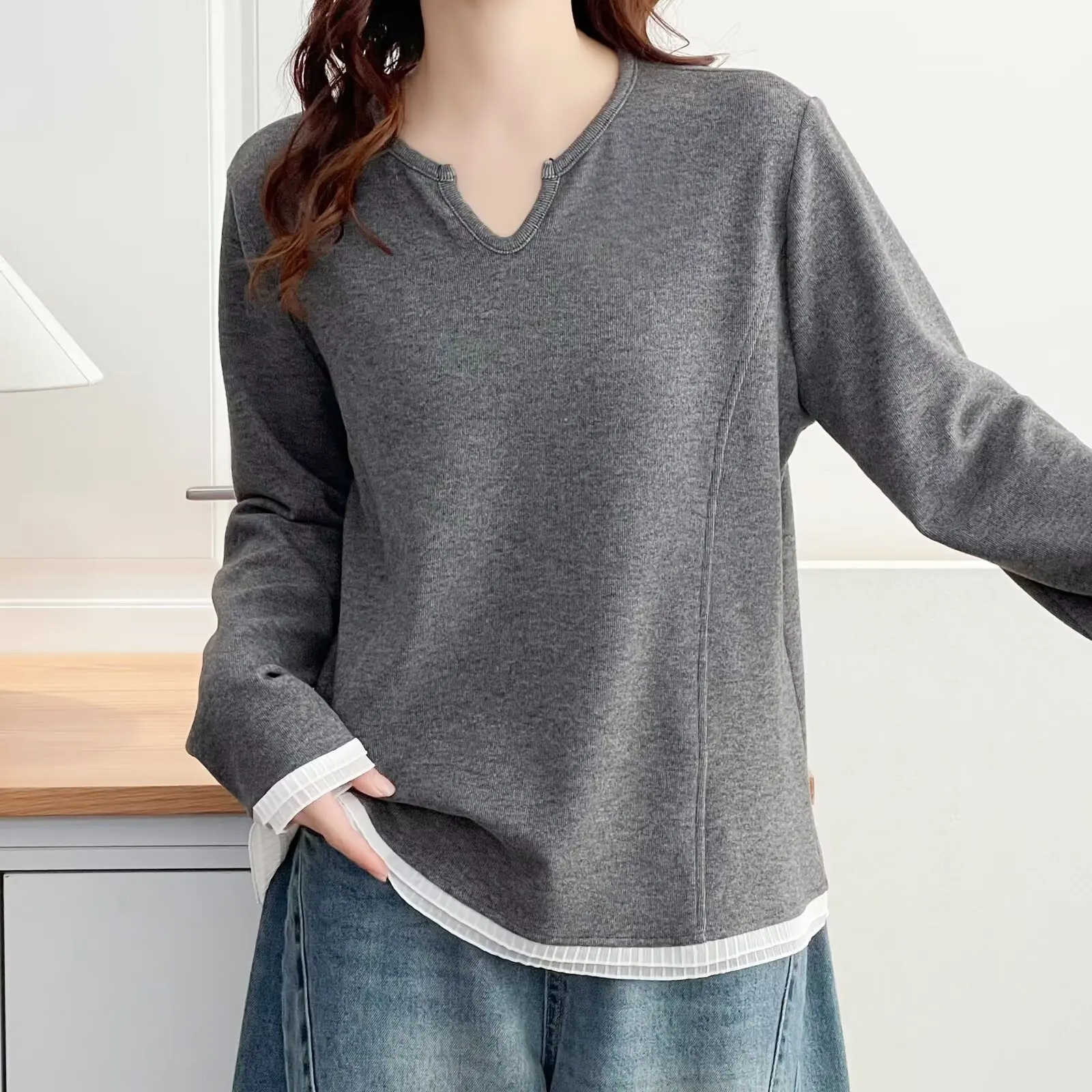 XXXXL Fashion Plus Size Women's T-Shirt Thickened Double Sided Fleece V-Neck Long Sleeved Base Tops For 2025 autumn/winter 2520