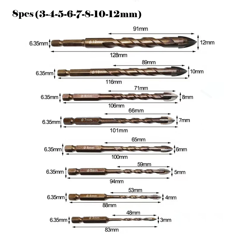 Drill Bit Set 3-12mm Cross Hex Tile For Glass Ceramic Concrete Hole Opener Brick Hard Alloy Triangle Bit Tool Kit