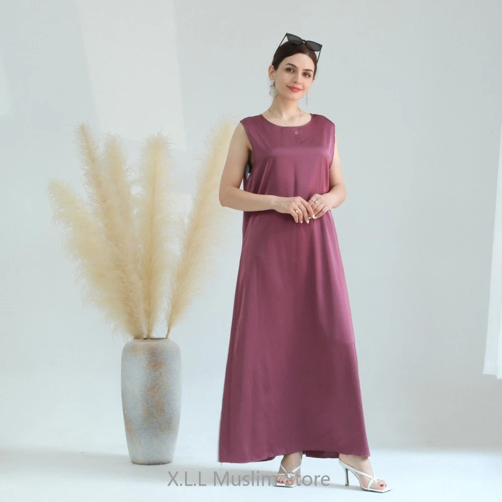 Ramadan Sleeveless Abaya Turkey Islam Arabic Muslim Long Dress Silky Inside Dresses For Women Clothing Musulmane Femme Vestido