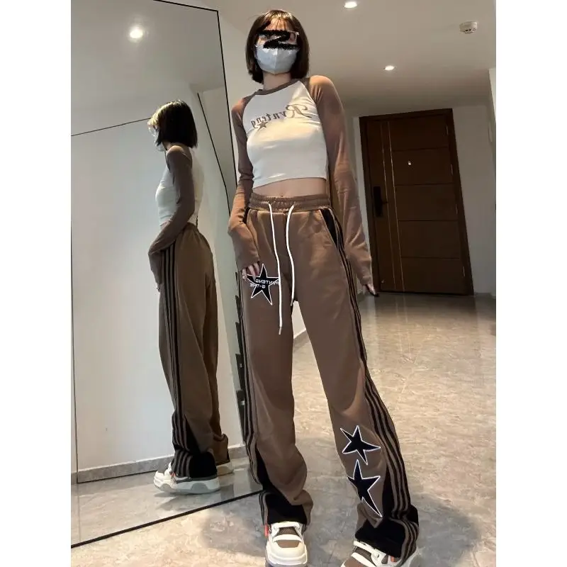 Fashion Street American Star Stripe Sports Casual Wide Leg Pants Women Elastic Waist Drawstring Pockets Loose Straight Trousers