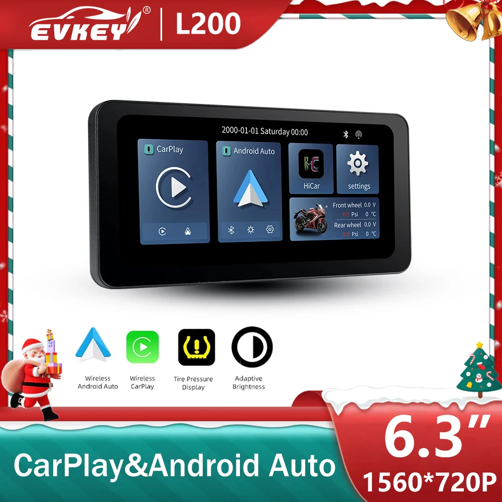 EVKEY 6.3inch GPS Navigation Motorcycle IPX7 Waterproof Apple CarPlay Display Screen Portable Motorcycle Wireless Android Auto