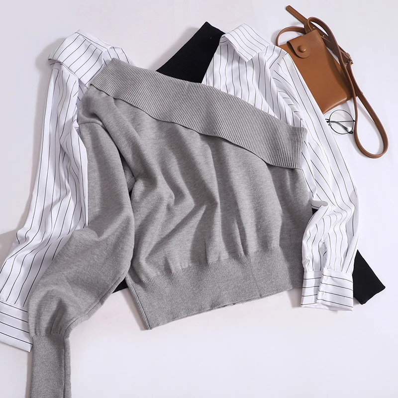 

Autumn Patchwork Knitwear Women V-neck Striped Long-sleeved Short T-shirt Korean Casual Fashion Simple Pullover Top
