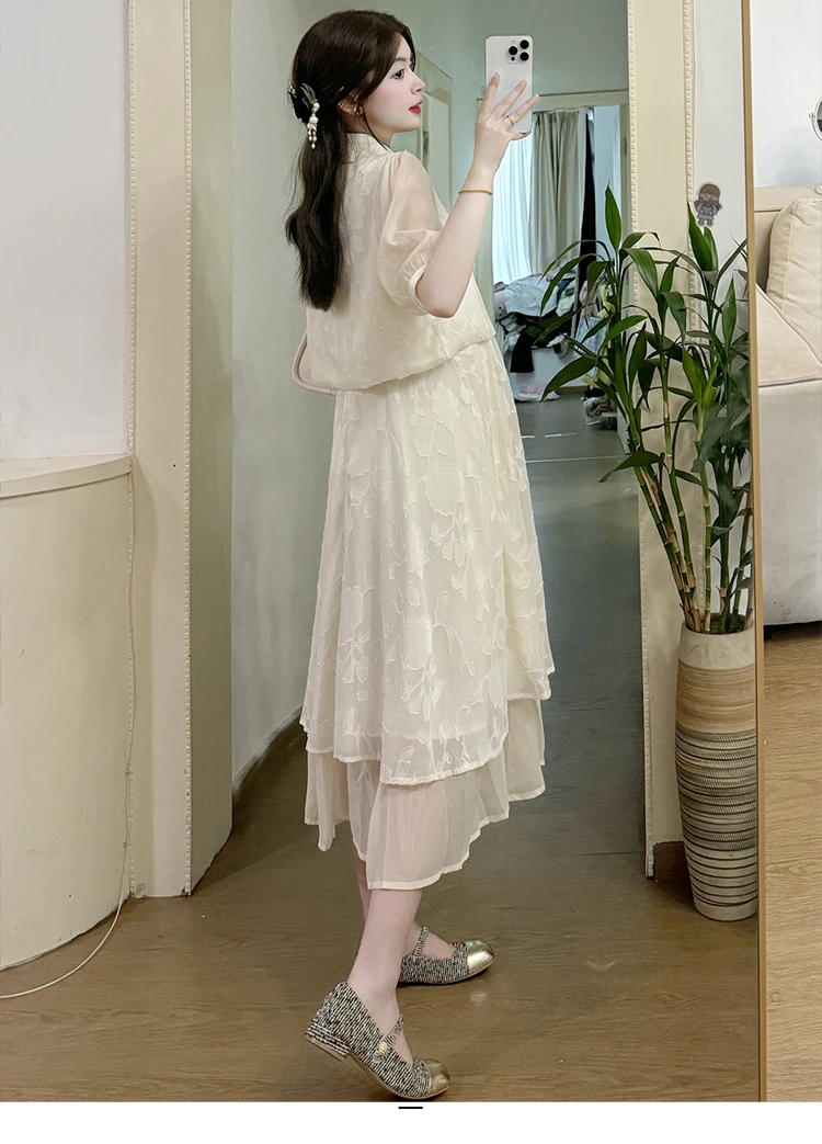 Chinese Style Pregnant Woman Clothes Set Button Turn Down Collar Embroidered Shirts+Maternity Strap Dress Two-piece Set Sweet