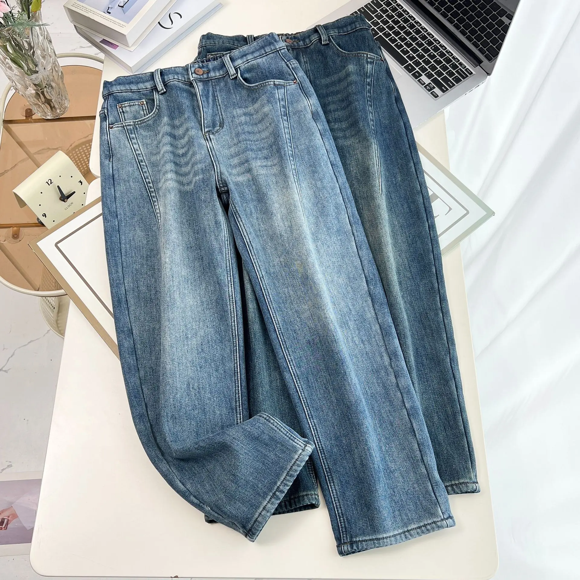 XXXXXL Fashion Plus Size Women's Jeans Winter New Style Simple Warm Fleece And Thickened Denim Ankle-Length Harem Pants 8951