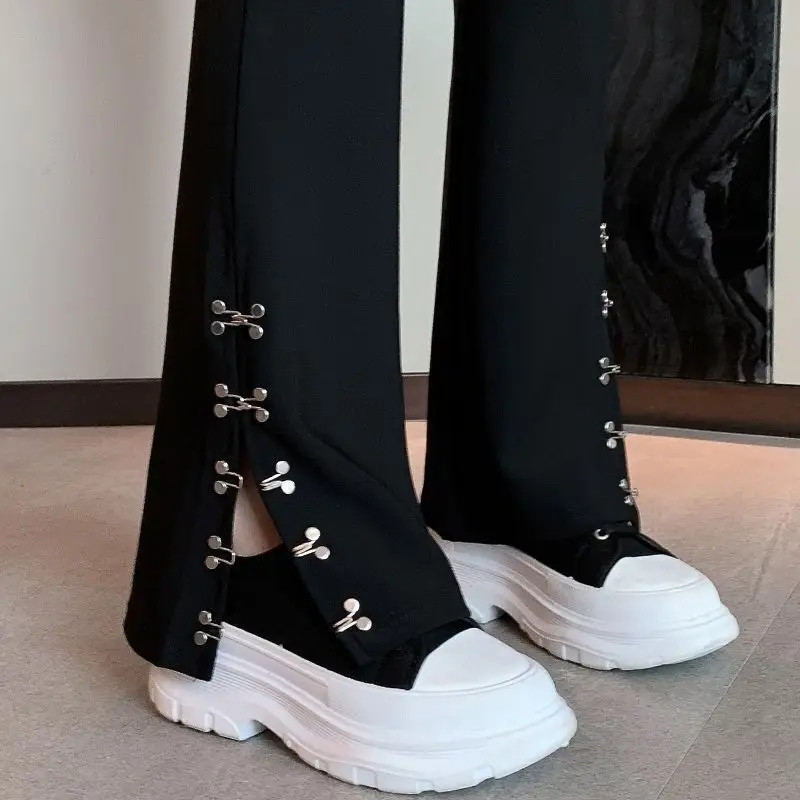 Korean Fashion Versatile Spring Autumn New Flare Pants Women Solid Color High Waist Elastic Casual Slit Wide Leg Trousers 2024