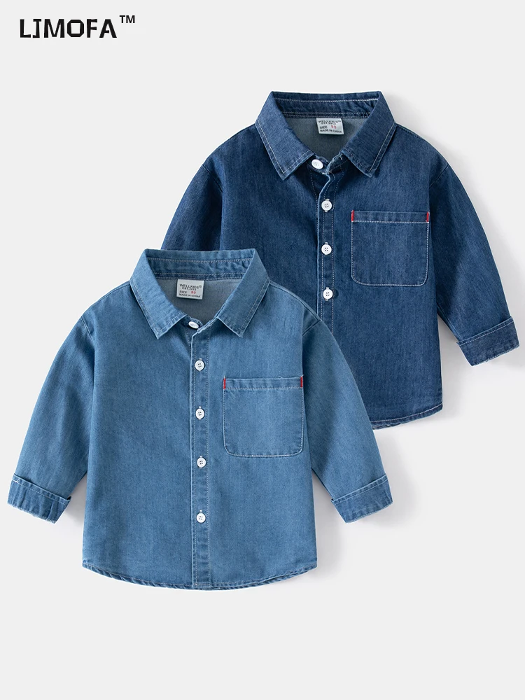 Kids Shirts LJMOFA Children's Blouse Boys Korean Fashion Denim Toddler Casual Academy Style Long Sleevet Cowboy Tops D427