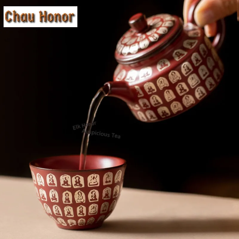 1pc 60ml Cinnabar Red Buddha Teacup Coarse Pottery Tea Bowl Jug Tea-tasting Fragrance Cup Jianzhan Master Cups Tea Ceremony Gift