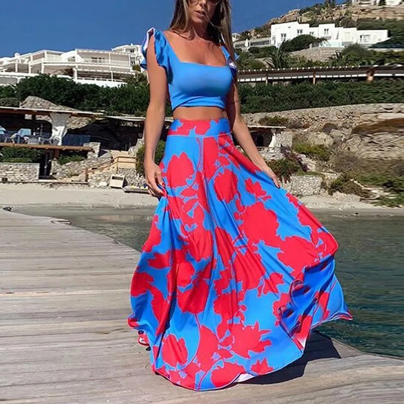 

Elegant Boho Print Dress Women Sleeveless Casual Loose A-line Dress Summer Two-piece Set Ladies Vacation Ruffled Edge Dresses
