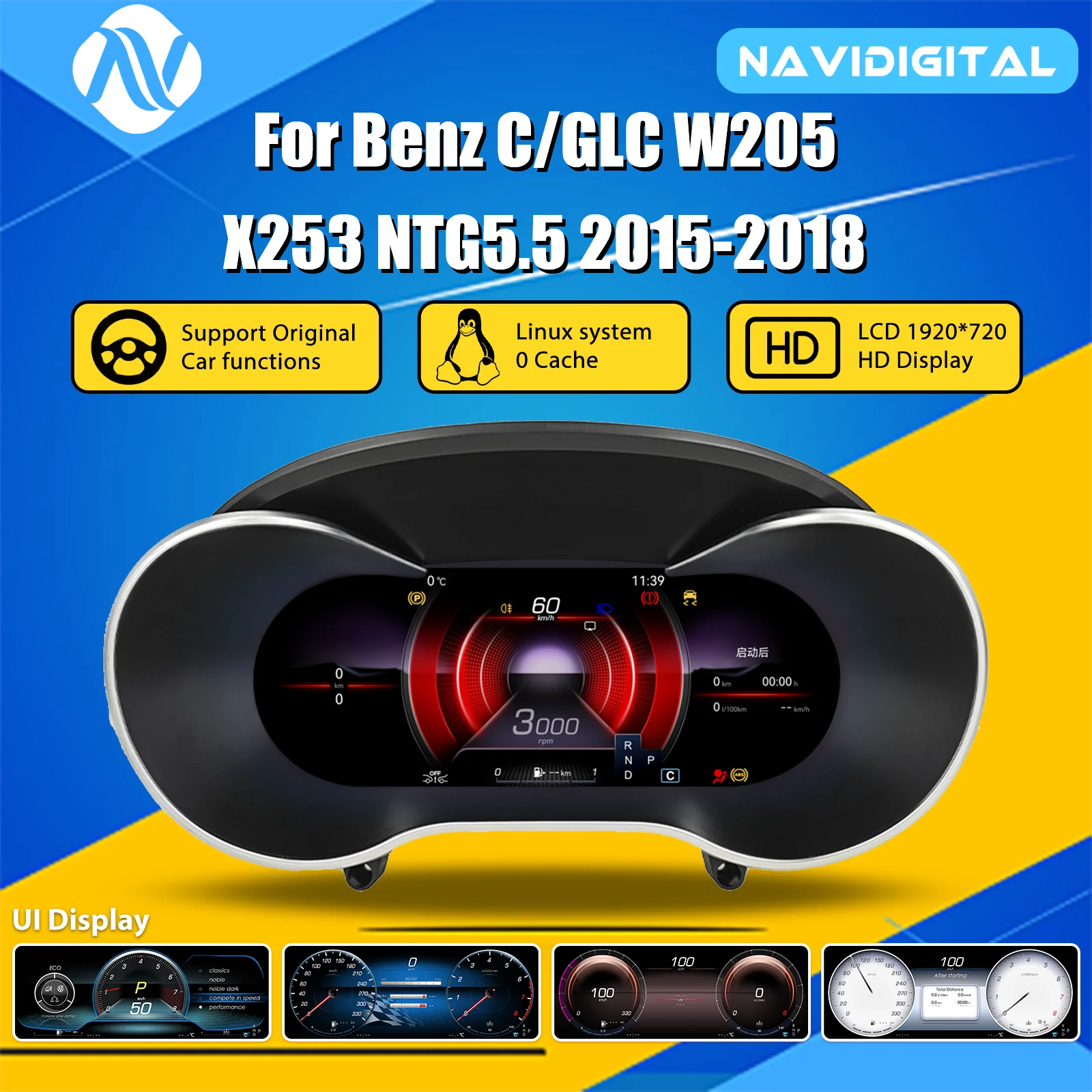 Panel de instrumentos digital para modelos Mercedes-Benz C/GLC W205/X253 NTG 5.5 de 2015 a 2018, con cabina virtual, velocímetro y panel de instrumentos. 1