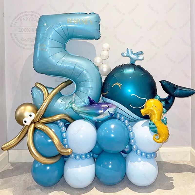 43Pcs Ozean Tier Themen Ballon Baby Blau Anzahl Geburtstag Ballon Set Cartoon Wal Hai Seepferdchen Ballon Party Dekoration